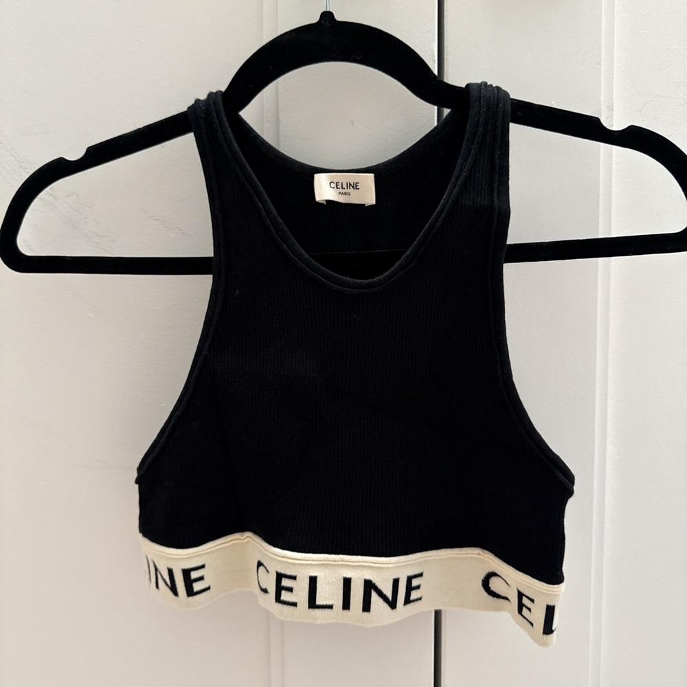 Celine Black Knit Logo Crop Tank with Cream Contrast Band